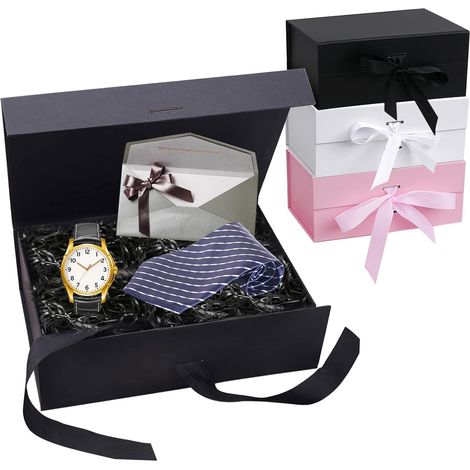 Boite Cadeau avec Bowknot, Magnetique Boite Cadeau Vide 21 x 17 x 7 cm, Pliable Cadeau Boîte avec Couvercle Cadeau Rectangulaire Boîte pour Mariages, Anniversaires, Valentin, Noel (Noir) (1/5)