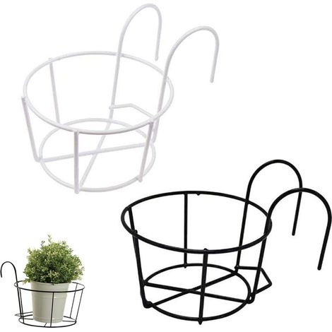 2 Pièces Fer Suspendu Support de Fleur, Support à Fleurs Suspendu Rond, Le Fer Évider Fer Rond Crochet Pot pour La Maison, Balcon, Jardin, Balustrade, Clôture (Noir, Blanc) (1/4)