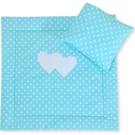Biancheria da letto per passeggino con imbottitura, piumone e cuscino - Cuori e pois bianchi su sfondo turchese