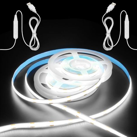 Lot de 2 bandes LED COB - 1 m - Blanc froid - 6000 K - 5 V - USB - Intensité variable - 320 LED/M - CRI85+ - Flexible - Avec autocollant - Pour cuisine, escalier, miroir, imprimante 3D (1/5)