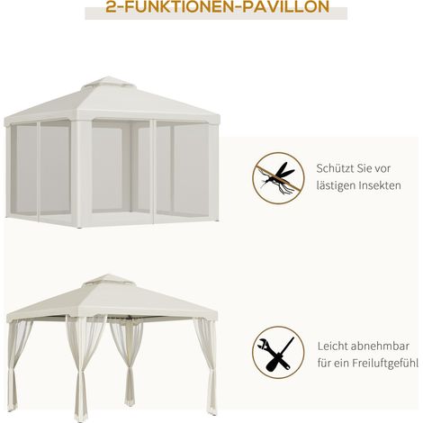Pavillon de jardin Outsunny double toit 3x3 m étanche, solide, résistant hiver, tonnelle avec moustiquaire et panneaux latéraux, armature en acier, pour terrasse ou jardin, crème