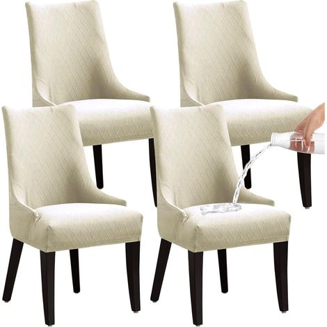 Coprisedie da pranzo elasticizzati e lavabili, coprisedie impermeabili con schienale a griglia romboidale, set da 4, beige (1/5)