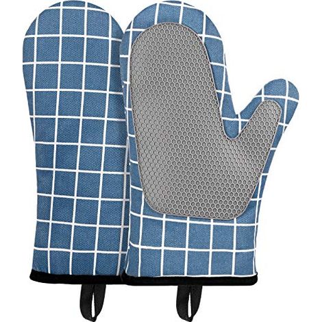 Gants de Four, Gants de Cuisine Silicone Coton Résistant à Chaleur et Antidérapant, Gloves pour la Cuisson des Aliments Faisant Cuire Barbecue - 1 Paire (Blue) (1/4)