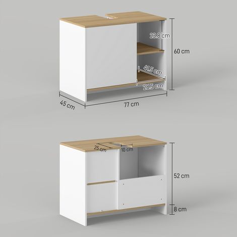 Meuble de salle de bain avec rangement sous lavabo (avec 2 étagères en bois), 77 x 45 x 60 cm, blanc et bois (1/5)