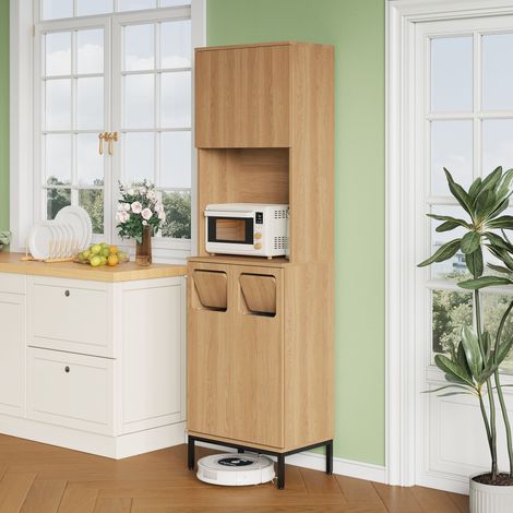 Armoire de cuisine poubelle 181cm, meuble déchets avec étagère, finition chêne & noir, espace micro-ondes, tiroir aspirateur, 53x35x181cm