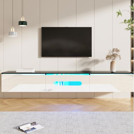 Mueble para TV de MDF y tablero de partículas negro y blanco 180 x 35 x 30 cm, alto brillo, 3 puertas, LED y montaje mural (1/5)