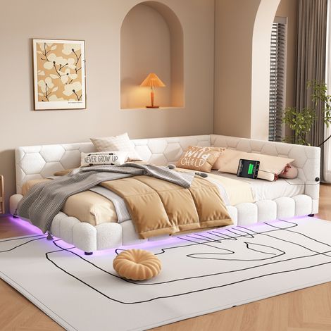 Lit banquette 140/200 cm blanc en velours avec LED 16 couleurs et ports USB-C (1/5)