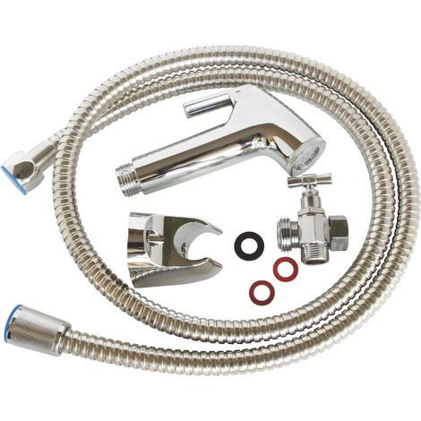 Doccetta bidet per WC: valvola a 3 vie in ottone cromato, testina di spruzzo in ABS, tubo flessibile da 1,2 m, staffa a parete e fissaggi. Installazione semplice per un comfort ottimale.