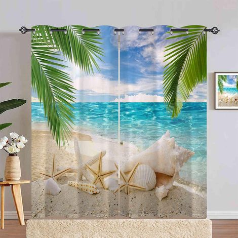 Rideau Occultant Tropical Feuille Plage Océan Rideau Thermique Isolant Draperies Intérieurs Tenture Opaque à Oeillets pour Maison Chambre Salon Fenetre 2 Pièces L 140 x H 240 cm - 140L X 240H cm (2 Pa (1/5)