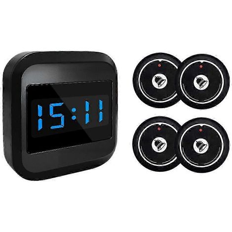 Système de sonnette sans fil avec récepteur d'affichage, 4 pagers, fréquence 433,92 MHz, réglage du volume à 16 niveaux, 166 numéros d'enregistrement compatibles avec les restaurants, hôtels, bars et (1/5)