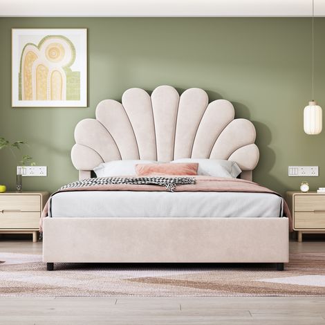 Lit double coffre rembourré 140 x 200 cm avec tête de lit pétale, rangement hydraulique, sommier à lattes, structure en velours, métal, contreplaqué et MDF - beige (1/5)