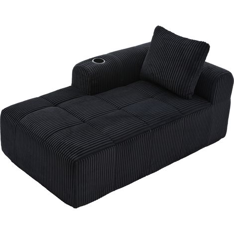 Sofá chaise longue de terciopelo acanalado negro con portavasos y bolsillos laterales (1/5)