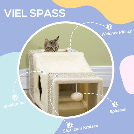 Tunnel pour chat, 2 cachettes, zones à griffer et balle de jeu, 98 cm x 30 cm x 30 cm, marron et beige (1/5)