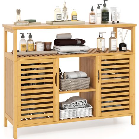 COSTWAY Bamboo Bathroom Cabinet 2-Door Storage Organizer with Shelves-Natural (1/5)