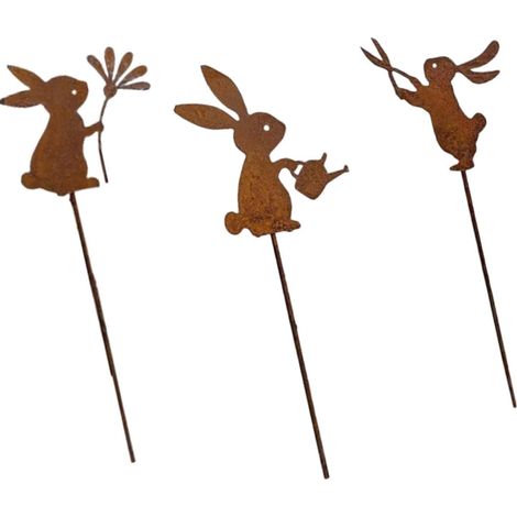 3 Pièces Piquet de jardin, Lapin en métal rouillé, Décoration murale, Résistant aux intempéries, Pour terrasse balcon jardin