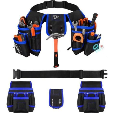 Bardusch - Ceinture porte Outils avec 26 Poches et 1 Anneau Marteau, Magnétique Ceinture Outils avec 3 Aimants Puissants, Amovible et Réglable, pour Électricien, Charpentier, Construction, Noir-Bleu (1/5)