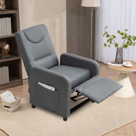 Poltrona reclinabile ergonomica in tessuto di lino, schienale regolabile, con poggiapiedi pieghevole e tasca laterale, grigio scuro (1/5)