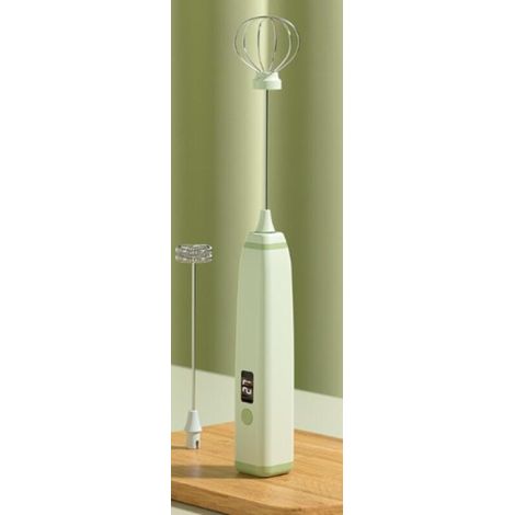 Mousseur à lait rechargeable, idéal pour préparer des boissons et battre des œufs — Vert clair — Livré avec deux têtes de mélange — Écran numérique