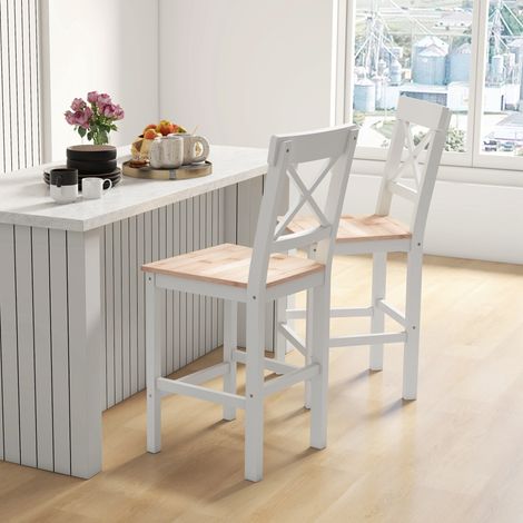 Ensemble de 2 tabourets de bar, chaises hautes de style campagnard avec dossier haut et repose-pieds, 41 x 46 x 97,5 cm, blanc et bois naturel (1/5)