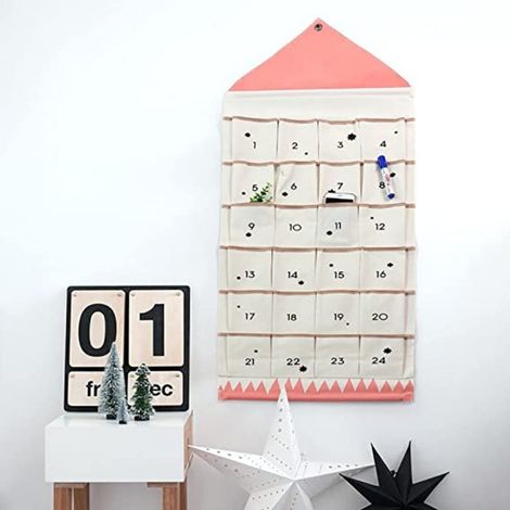 Calendrier de l'Avent de Noël à 24 poches avec poches - Sac de cadeau de rangement mural, tissu en lin, style traditionnel, pas besoin d'électricité, (1/5)