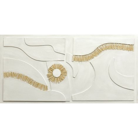 Tableau mural abstrait en relief motifs rafia beige et ocre - beige naturel et blanc cassé (1/3)