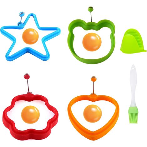 6 Pièces Moule Oeuf Au Plat Set, Silicone Anneaux D'oeufs, Anneaux D'oeuf Antiadhésifs, Multi-Style Moule Pancake avec Poignée Anneau à Oeuf Silicone avec Brosses à Huile et Gants Anti-Brûlure (1/5)