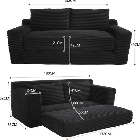 Sofá cama 2 plazas negro de tela acanalada con espuma viscoelástica y función 2 en 1 sin montaje (1/3)