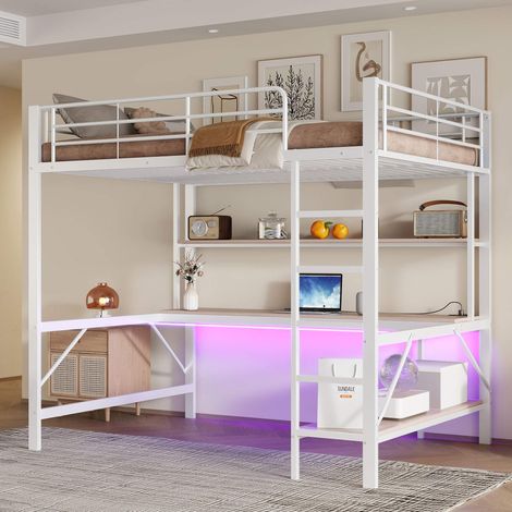 Lit mezzanine 140x200 cm en métal, avec bureau, étagères, LED 7 couleurs, prises USB, prise secteur, échelle et barrières, blanc (1/5)