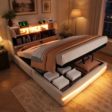 Lit coffre rembourré LED 140x200 cm - lit double rembourré avec rangement hydraulique - tête de lit rangement - USB-C - éclairage sous lit - lin - beige (1/5)