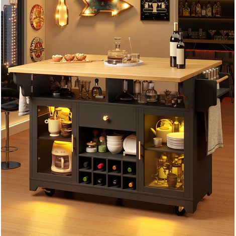 Desserte de cuisine LED RGB 120x40/80x95 cm avec plateaux rabattables, range-bouteilles mobile, MDF noir (1/5)