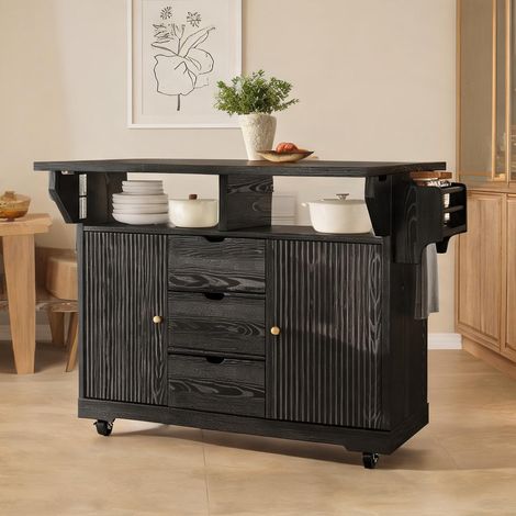 Chariot de cuisine noir avec plans latéraux rabattables hauteur (1/5)