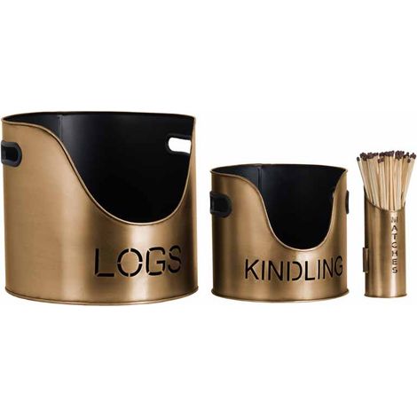 Logs and Kindling Buckets and Matchstick Holder - Metal - H32 cm - Bronze