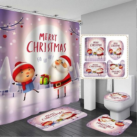 Ensemble de 4 pièces « Joyeux Noël » comprenant un rideau de douche, un tapis de bain antidérapant, un couvre-abattant de WC, un tapis de bain et un rideau de douche décoratif pour la salle de bain. (1/5)