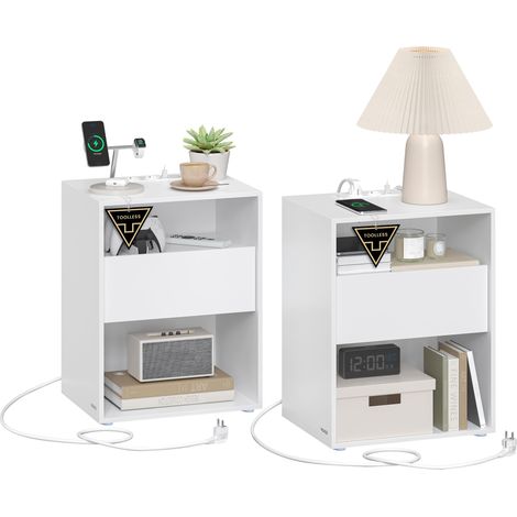 VASAGLE Comodini, Snapsemble Montaggio Rapido, Set di 2 Tavolini con Stazione di Ricarica, Moderno, Cassetto, per Camera da Letto e Soggiorno, Bianco Opaco LET776W01 (1/5)