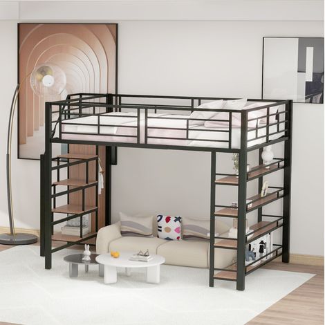 MODFU – Lit mezzanine adulte 140x200 cm métal/MDF – Escalier rangements, penderie et étagères – Barrières hautes et marches antidérapantes – Chambre – Noir (1/5)