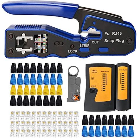 MAYLINE RJ45 Testeur de Network Réseau Câble Kit, Pince à Sertir Fil RJ11 CAT5 CAT6 avec 50 Pièces Ensemble d'Outils Connecteurs Sertissage CAT7 Outillage Ordinateur Cablage données(BLUE) Blue - (1/5)