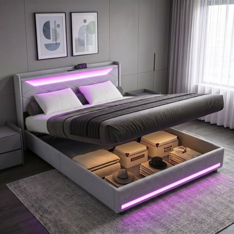 Cama de matrimonio de 140x200 cm – Cama de adulto – Cama con espacio de almacenamiento – Iluminación LED – Somier de láminas – Ropa de cama gris (1/5)