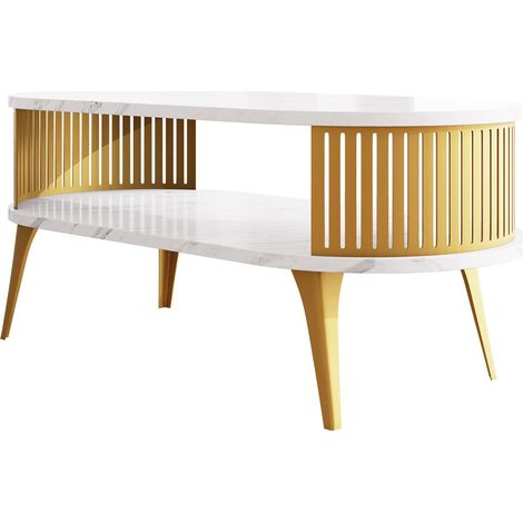 Table basse Vitum IV, Doré + Marbre blanc, 44x50x100cm, Diamètre: 0, Stratifié, Ovale