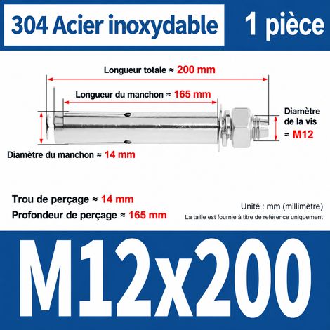 Goujon d'ancrage M12 x 200 mm inox 304 perçage 14 mm (1 pièce) m12 200 1 pièces 1 kg – Livraison gratuite