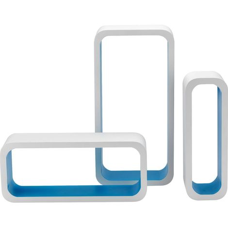 Set 3 Pièces Étagère Rectangulaire Courbe en MDF Bicolore, Blanc/Bleu (1/3)