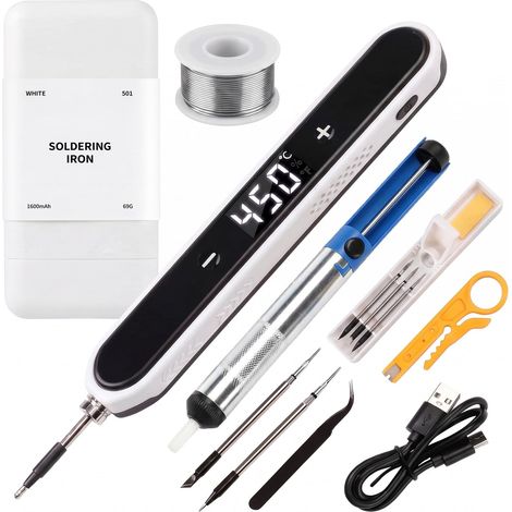 Ensemble de fer à souder sans fil USB-C, chauffage rapide en 8 secondes jusqu'à 450 °C, température réglable, kit de soudure avec 3 embouts, pompe à dessouder, pâte à souder, pince à épiler, pince à (1/5)