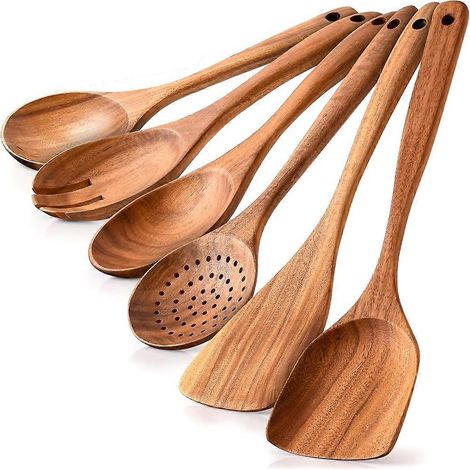 6-teiliges Küchenlöffel-Set aus echtem Holz, hitzebeständig und mit ergonomischem Griff. Leicht zu reinigen und ideal für die Verwendung mit antihaftbeschichtetem Kochgeschirr. (1/5)