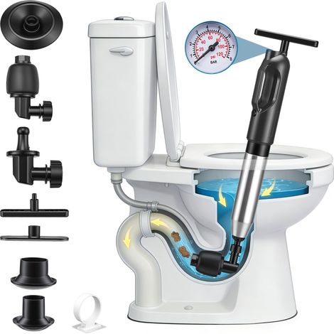 Déboucheur Canalisation Haute Pression – 4 Embouts pour WC, Évier, Lavabo, Douche Sans Produit Chimique, Acier Inoxydable, Déboucheur Pneumatique Anti-Bouchon (1/5)