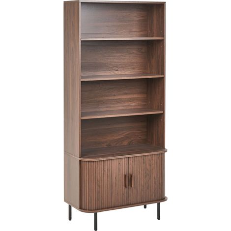 Libreria a 4 ripiani con frontali a doghe e ante scorrevoli, colore marrone scuro Bradley
