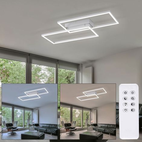 Plafonnier Plafonnier design lampe chambre à coucher télécommande dimmable veilleuse contrôle CCT, métal blanc mat, 1x LED 27 Watt 3100lm blanc chaud-lumière du jour, LxlxH 60,5x32,5x6,5 cm (1/5)