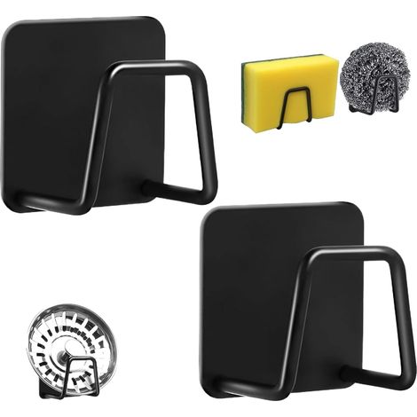 Set di 2 porta spugne da lavello da cucina, autoadesivi, porta spugne da lavello, accessori per lavello, porta spugne da lavello, per riporre e raccogliere gocce (nero)