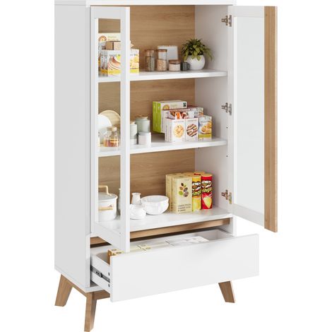 Buffet de cuisine avec 3 étagères réglables, tiroir bas et grand espace de rangement, meuble blanc finition bois pour salle à manger ou salon, CHICFURN (1/5)