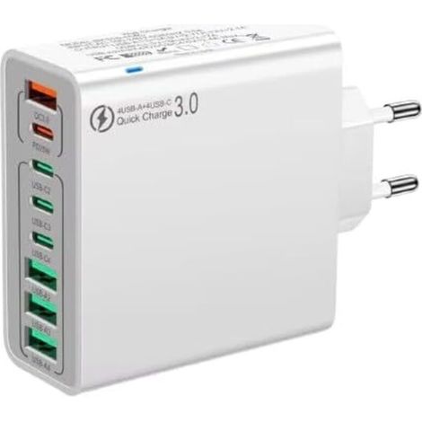 120W Chargeur USB C, Chargeur Rapide 3.0 avec 4 USB-A + 4 USB-C, 8 Ports Prise Multiple, 65W Adaptateur Chargeur Compatible avec MacBook Pro/Air Laptop, iPhone, iPad Pro, Galaxy