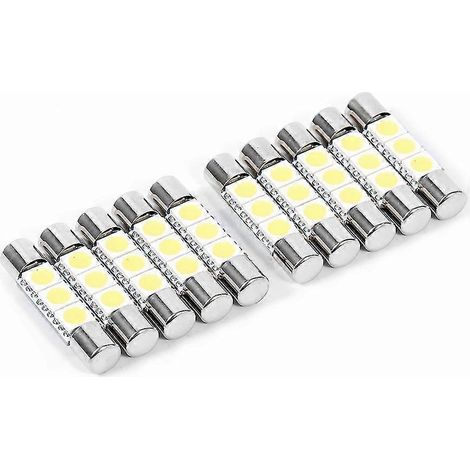 Lot de 10 ampoules LED blanches pour miroir de courtoisie, 3 SMD 29-30 mm, culot 6641, avec fusible, pour pare-soleil. (1/5)