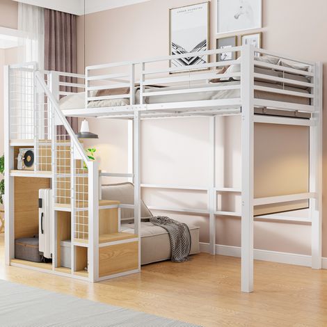 Lit mezzanine 90/200 cm blanc en métal avec rangement intégré (1/5)